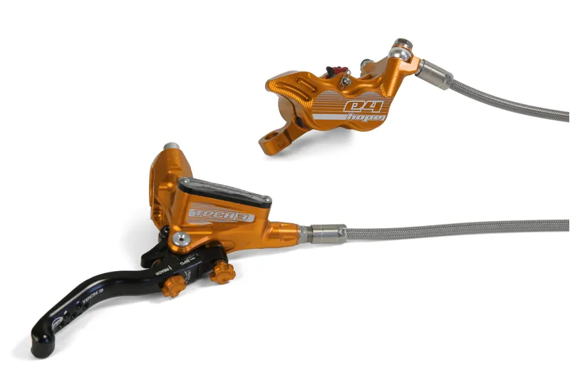 Hope Tech 3 E4 Braided Hose Calipers in Orange