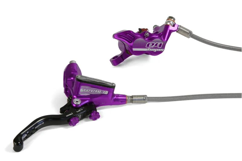 Hope Tech 3 E4 Braided Hose Calipers in Purple