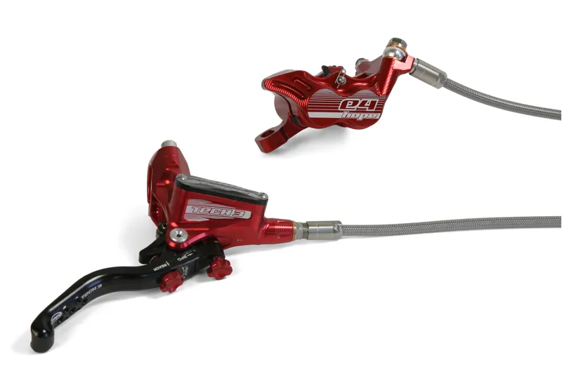 Hope Tech 3 E4 Braided Hose Calipers in Red